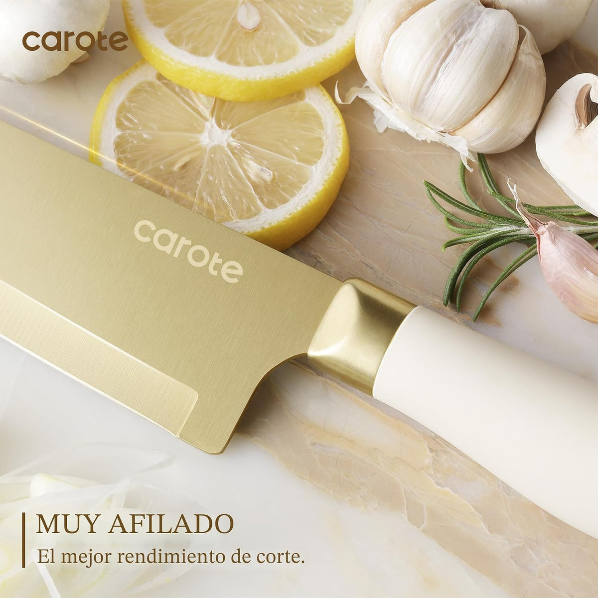CAROTE Juego de cuchillos de cocina, 6 cuchillos dorados con 6 prot...