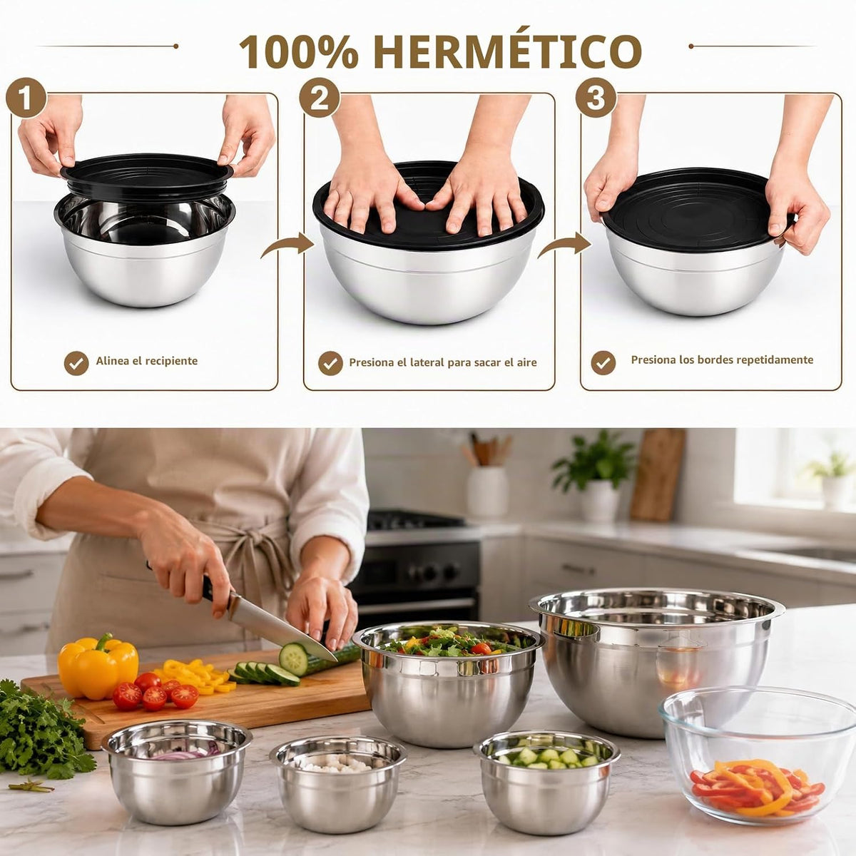Juego de 7 cuencos para mezclar con tapas herméticas, cuenco de vid...