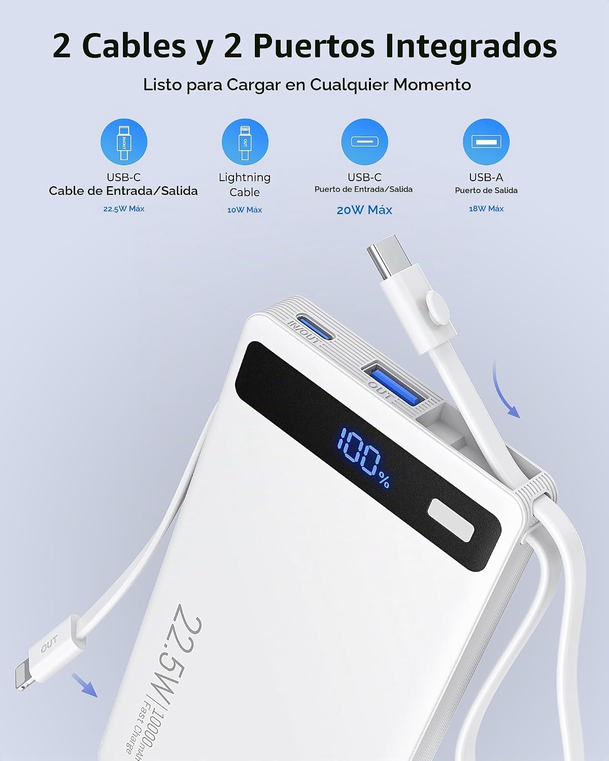 Cargador portátil delgado rápido de 22.5 W, banco de energía con 2...
