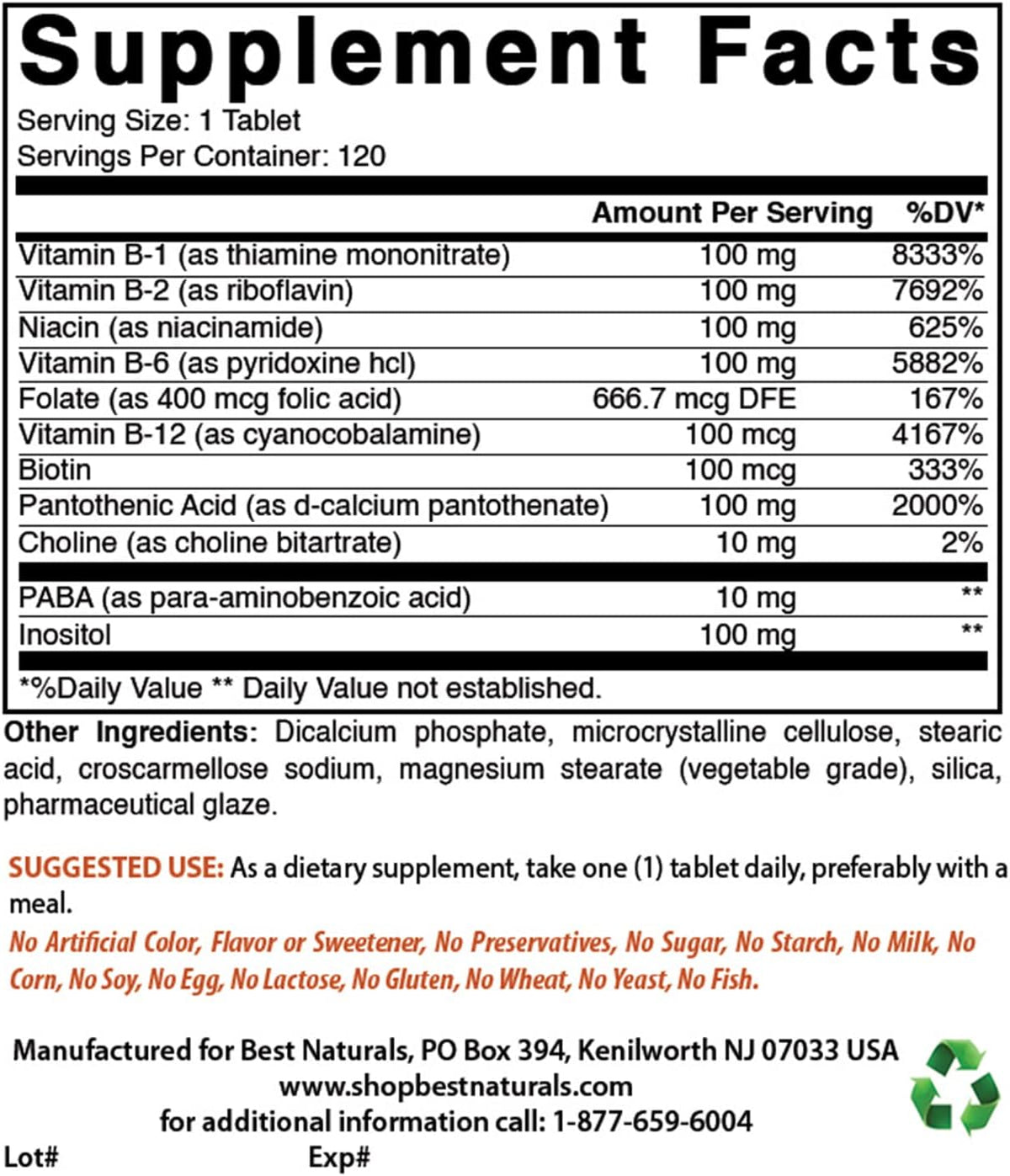 Best Naturals B 100 Complex 120 tabletas (vitaminas del complejo B)...