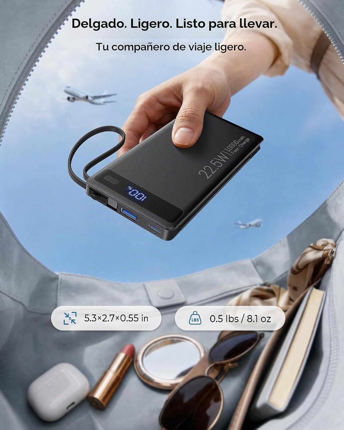 Banco de energía de 10000 mAh con 2 cables incorporados, cargador p...