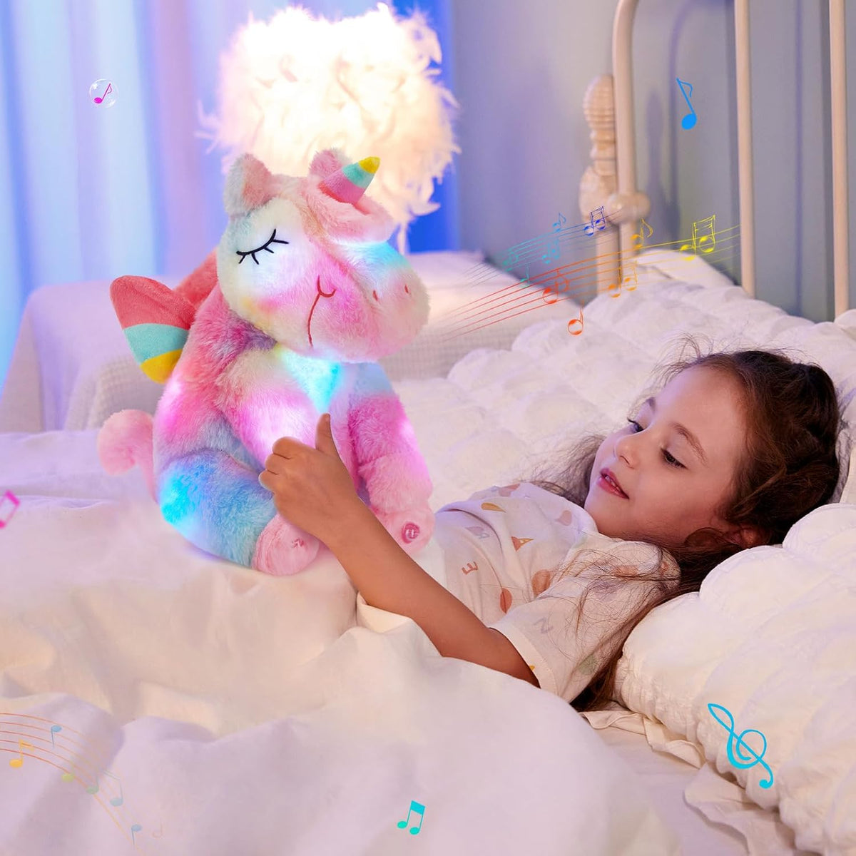 Athoinsu Unicornio de peluche musical con luces LED arcoíris, suave...