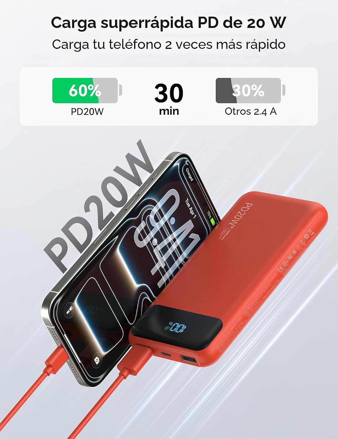 Nusyddy Cargador portátil 10000mAh con 4 cables incorporados y 6 sa...