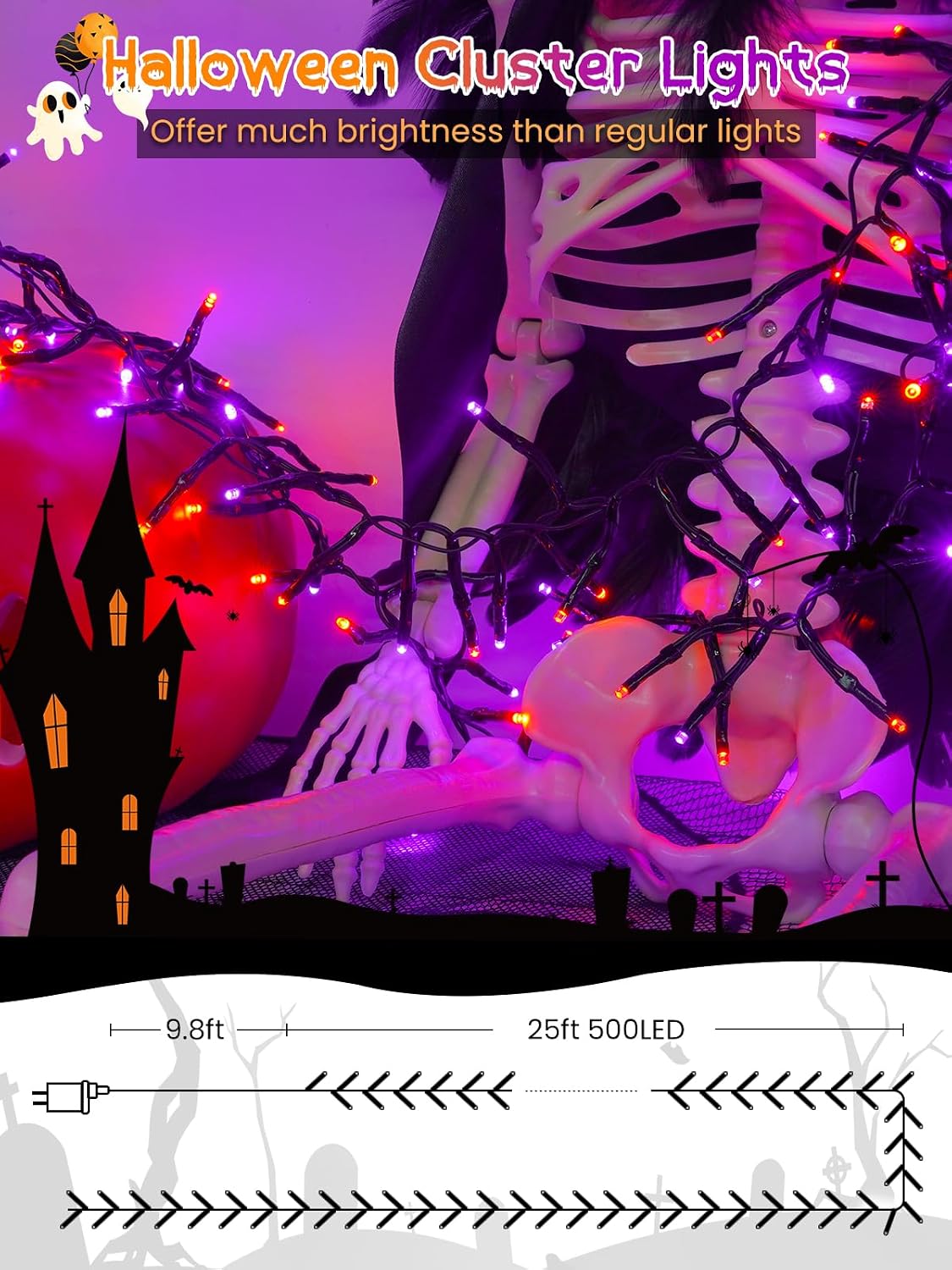 Guirnalda de luces de Halloween para exteriores, 25 pies, 500 luces...