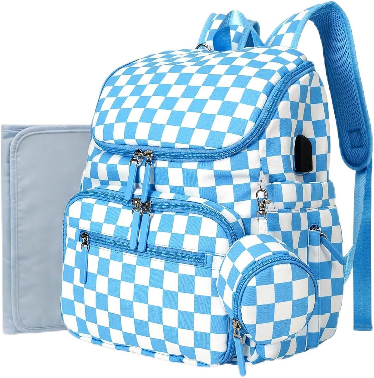 FHELAD Mochila de pañales a cuadros con cambiador y clips para coch...