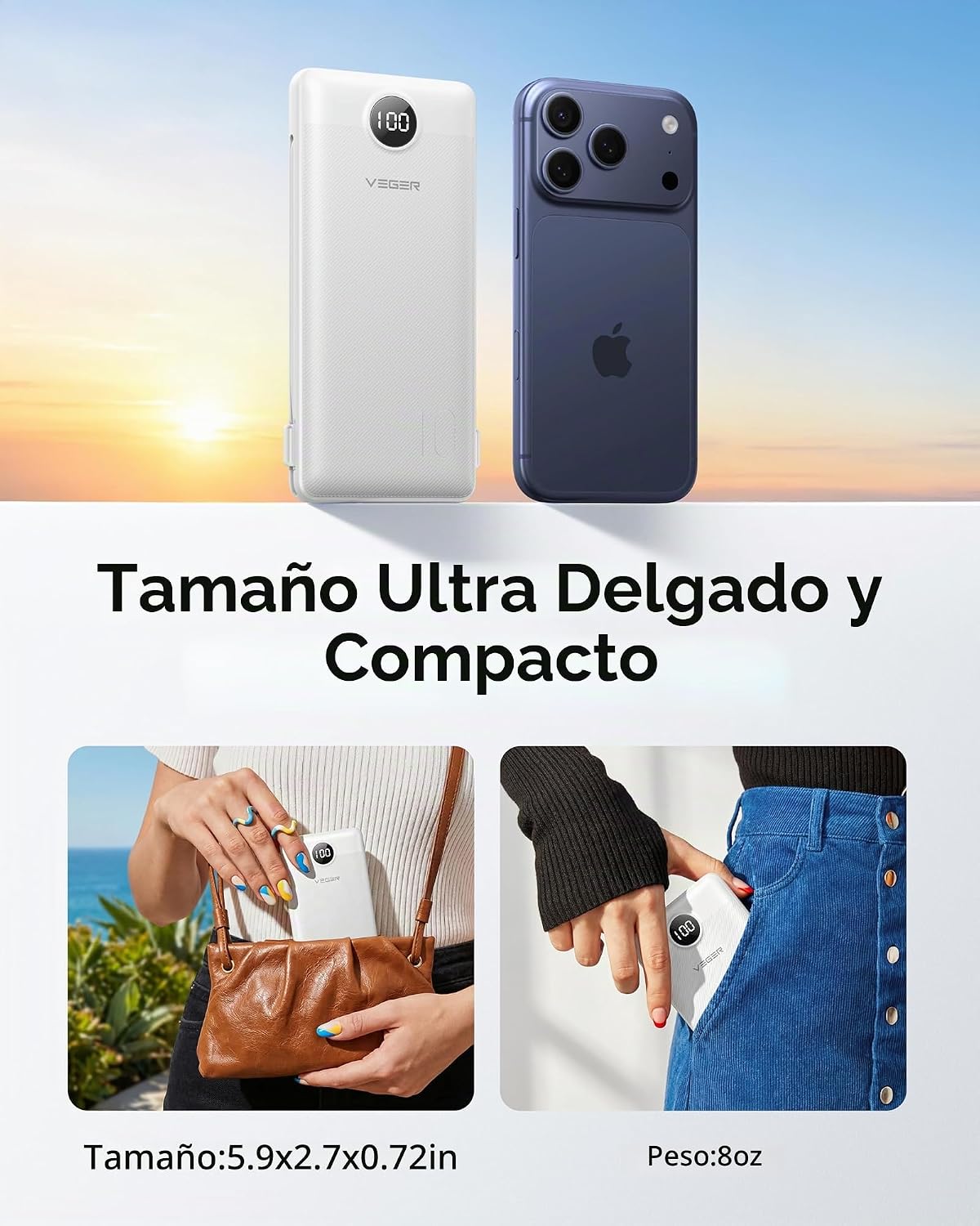 VEGER Cargador portátil para iPhone, Power Bank con cables integrad...