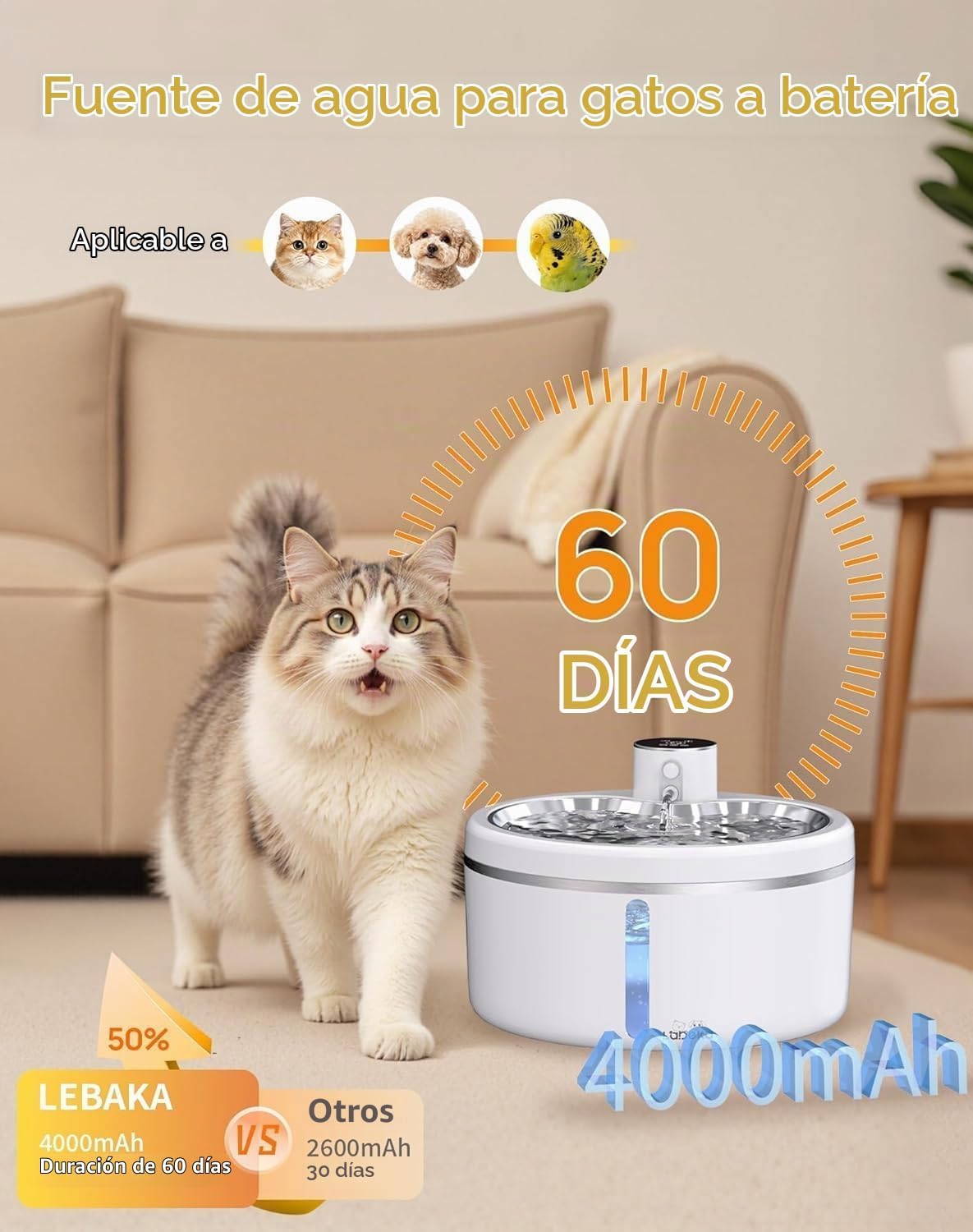 Fuente de agua inalámbrica para gatos [con bandeja de acero inoxida...