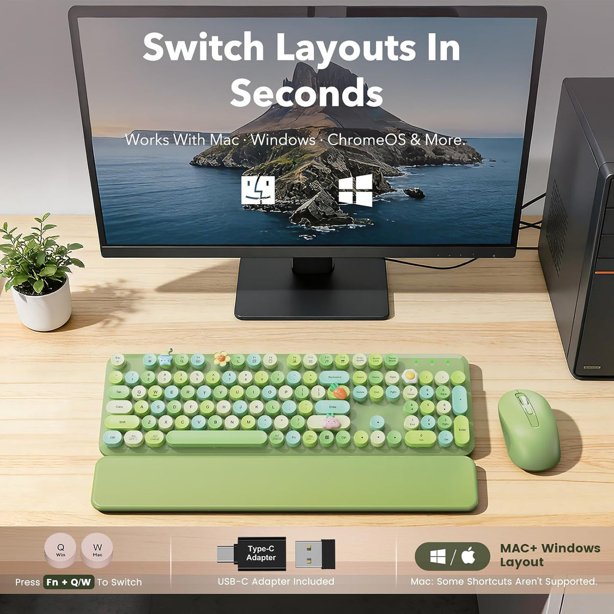 Combo de teclado y mouse inalámbricos, teclas redondas, reposamuñec...