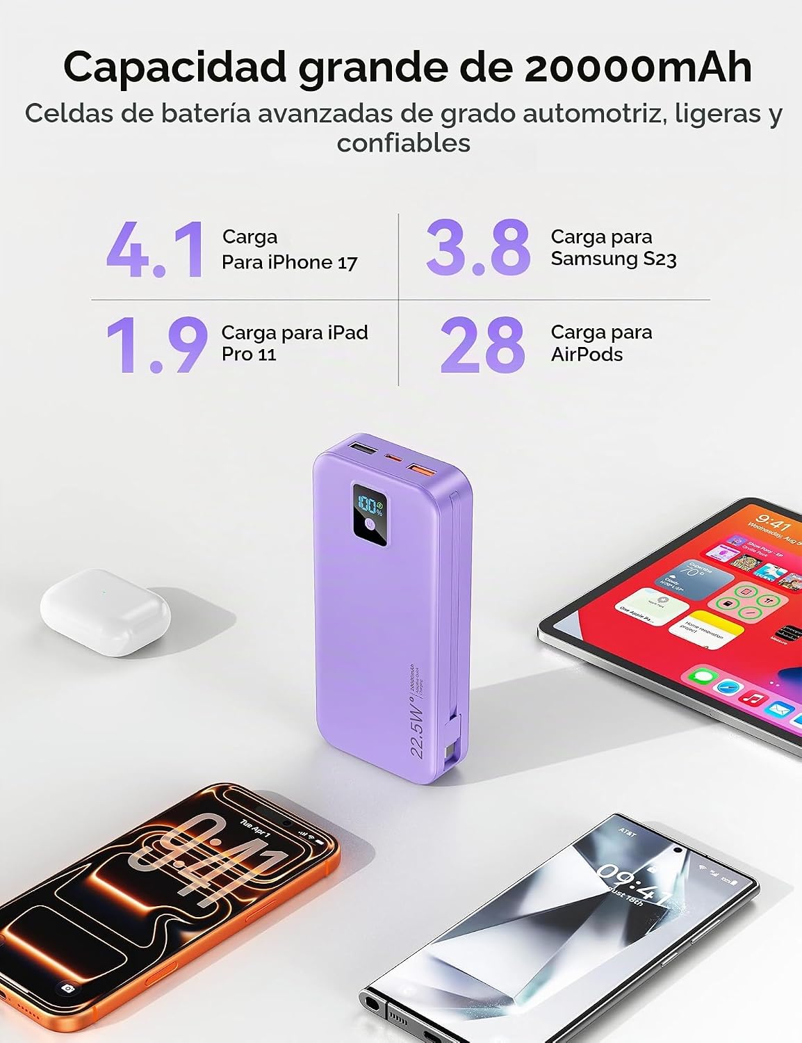 Rngsnoy Cargador portátil 20000mAh 22.5W w\/Cable incorporado y enc...