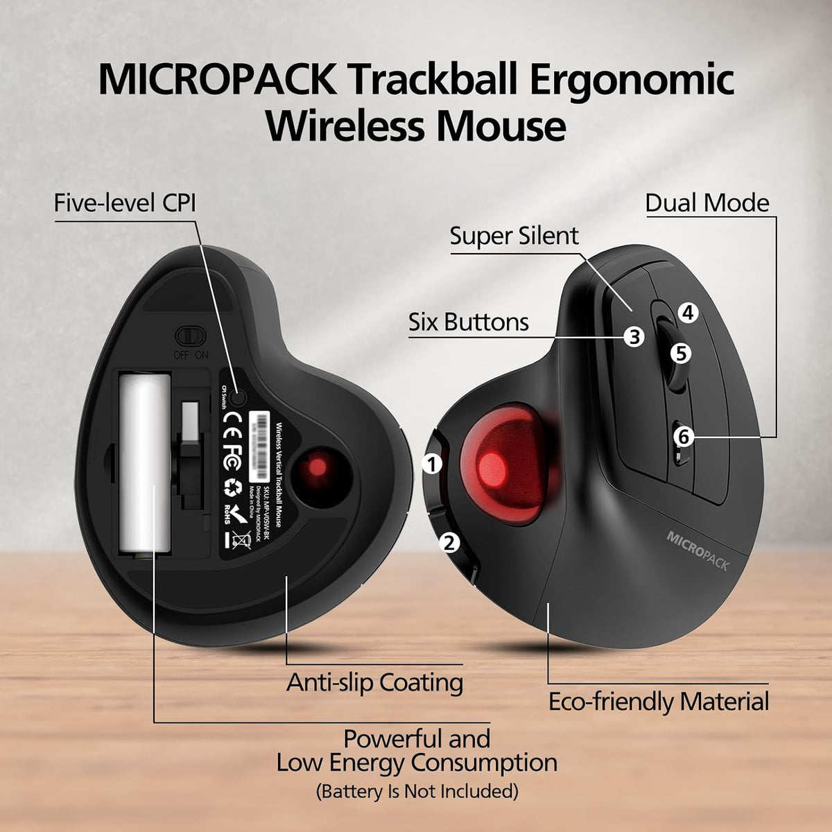 MicroPack Ratón inalámbrico ergonómico con Trackball y 5 DPI ajusta...