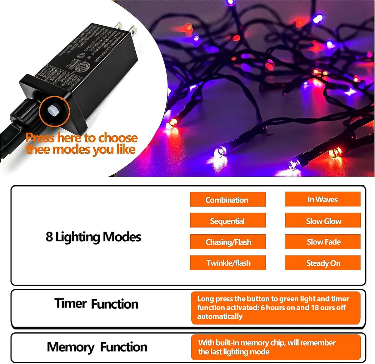 75.8FT 200 LED conectables luces de Halloween naranjas y moradas pa...