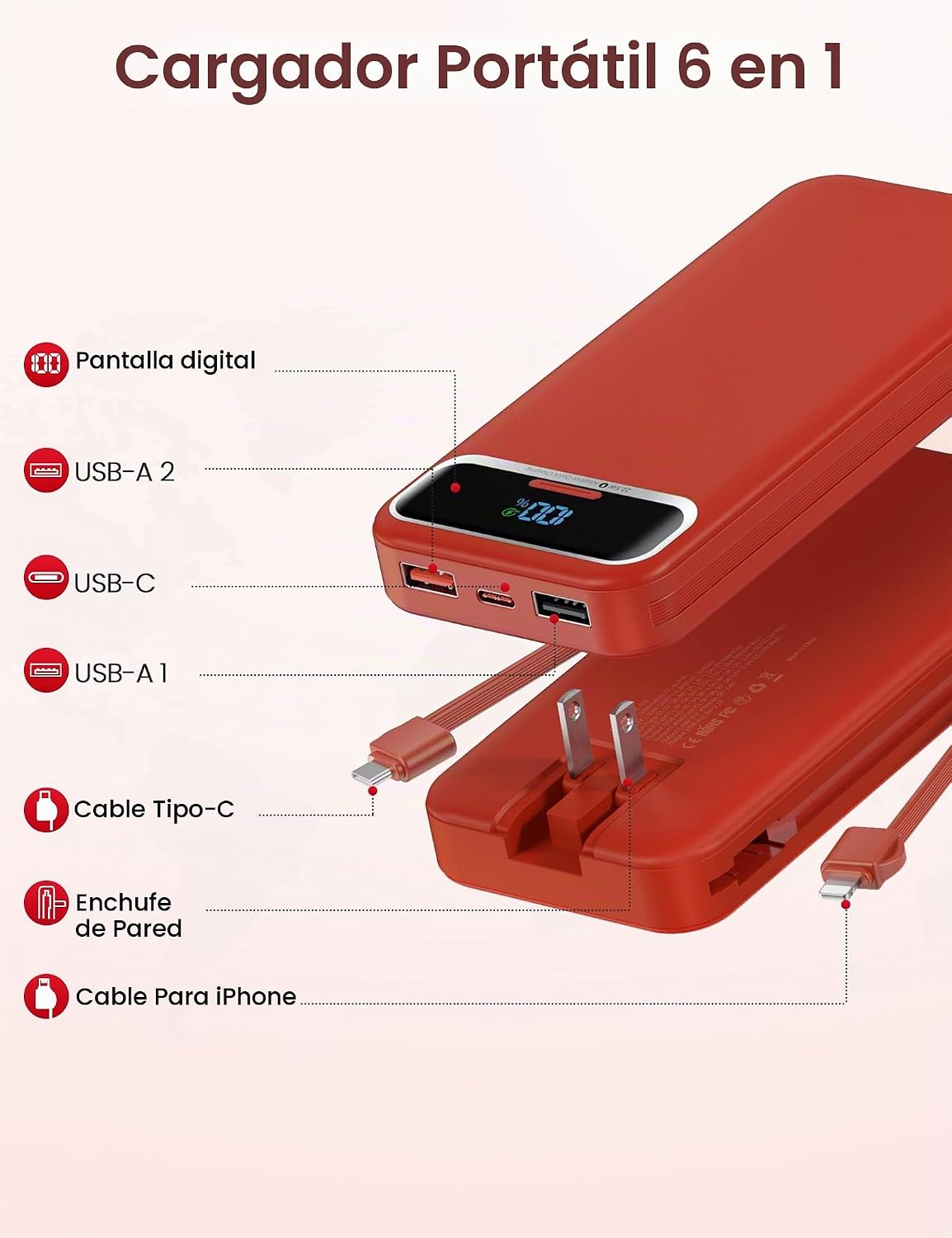 Cargador portátil aonidi de 12000 mAh con cables integrados y enchu...