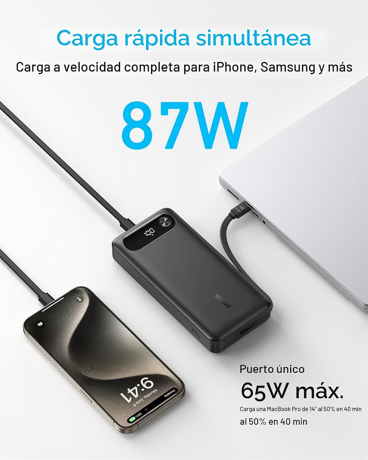Anker Power Bank, 20.000 mAh Travel Essential, cable USB-C incorpor...