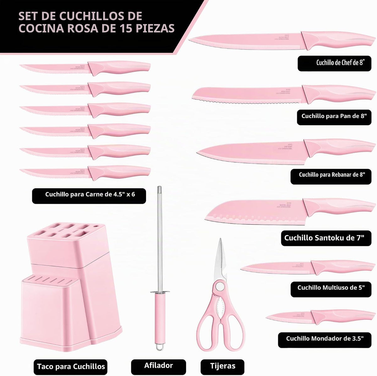 E-far Juego de cuchillos con bloque, juego de 15 piezas de bloque d...