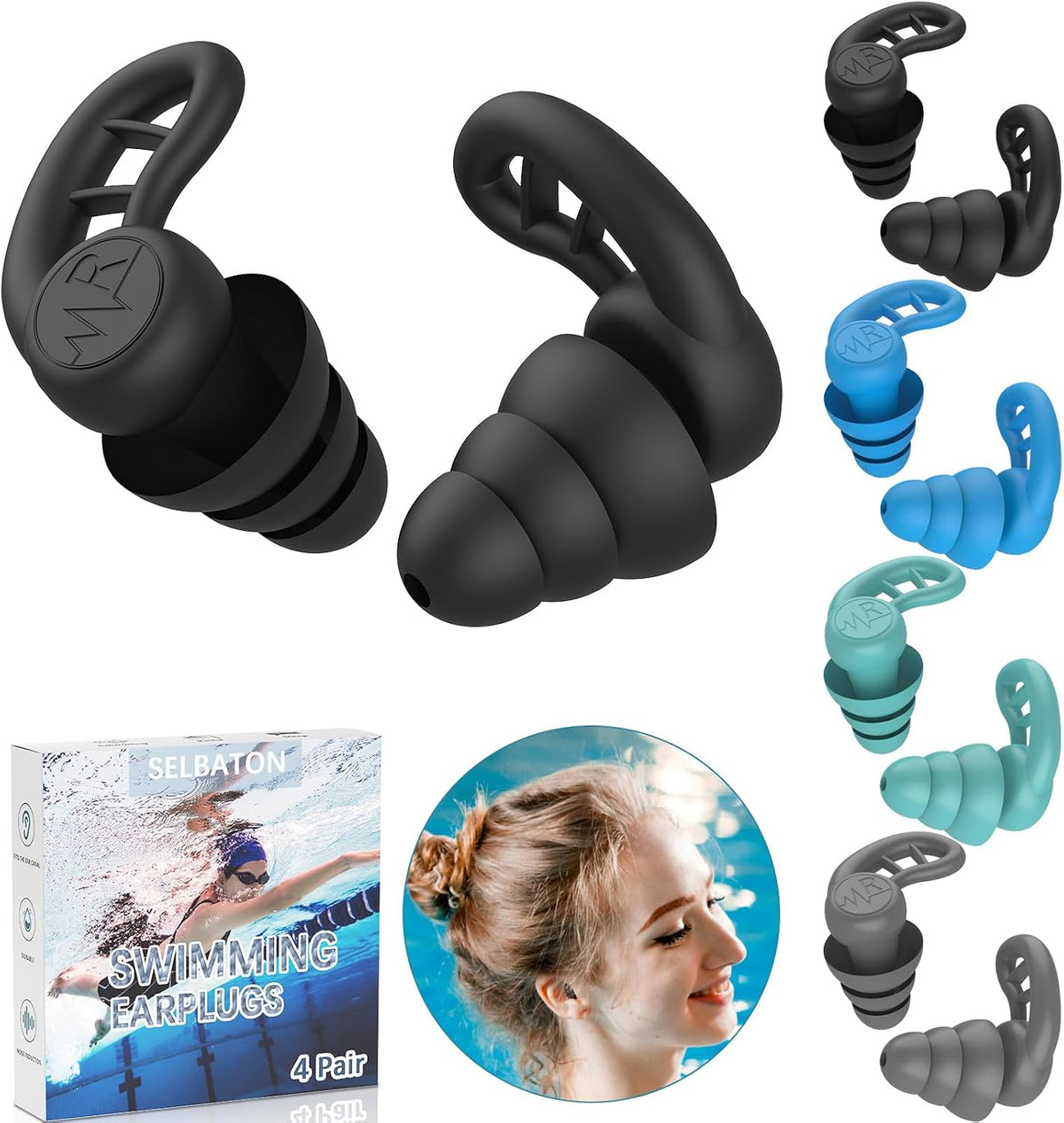 Tapones de natación para adultos, 4 pares reutilizables de silicona...