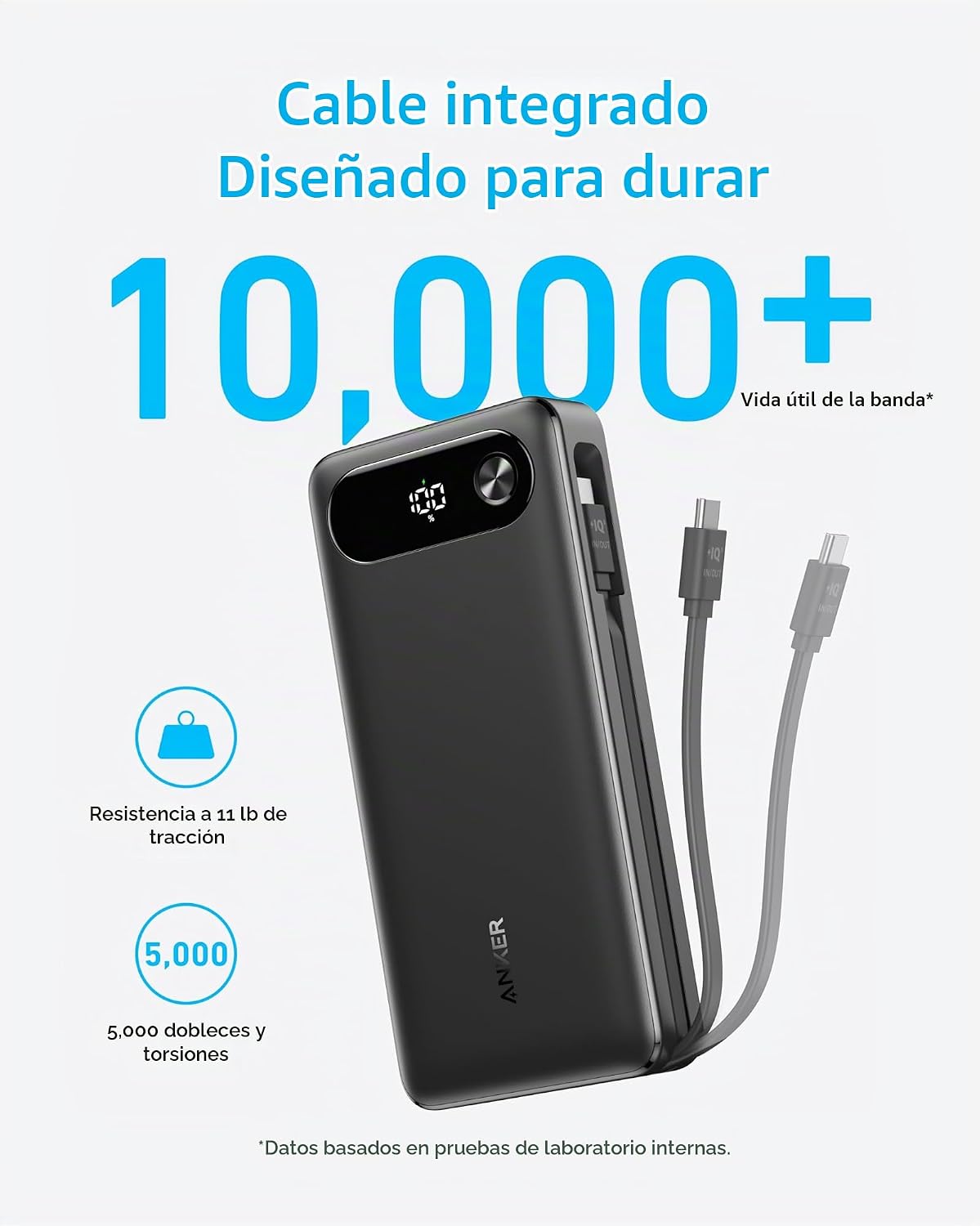 Anker Power Bank, 20.000 mAh Travel Essential, cable USB-C incorpor...