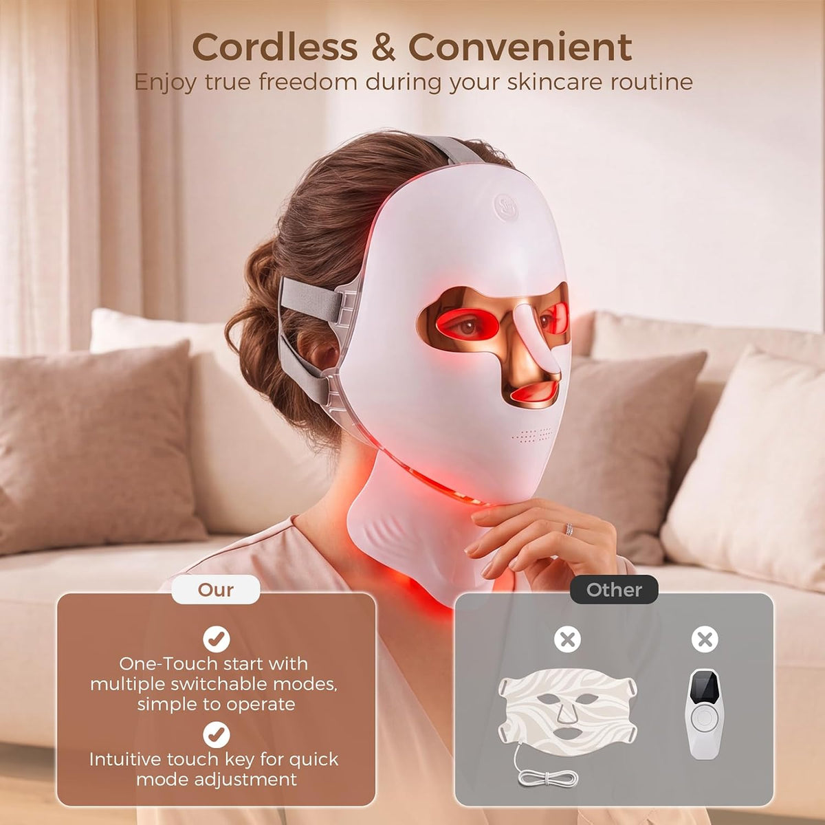 Terapia de luz roja para cara y cuello, máscara facial LED inalámbr...