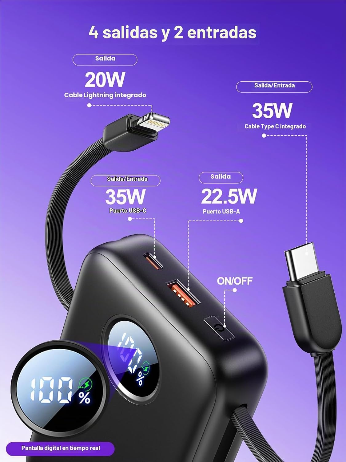 Aioneus Cargador portátil, 35 W PD carga rápida Power Bank 20000mAh...