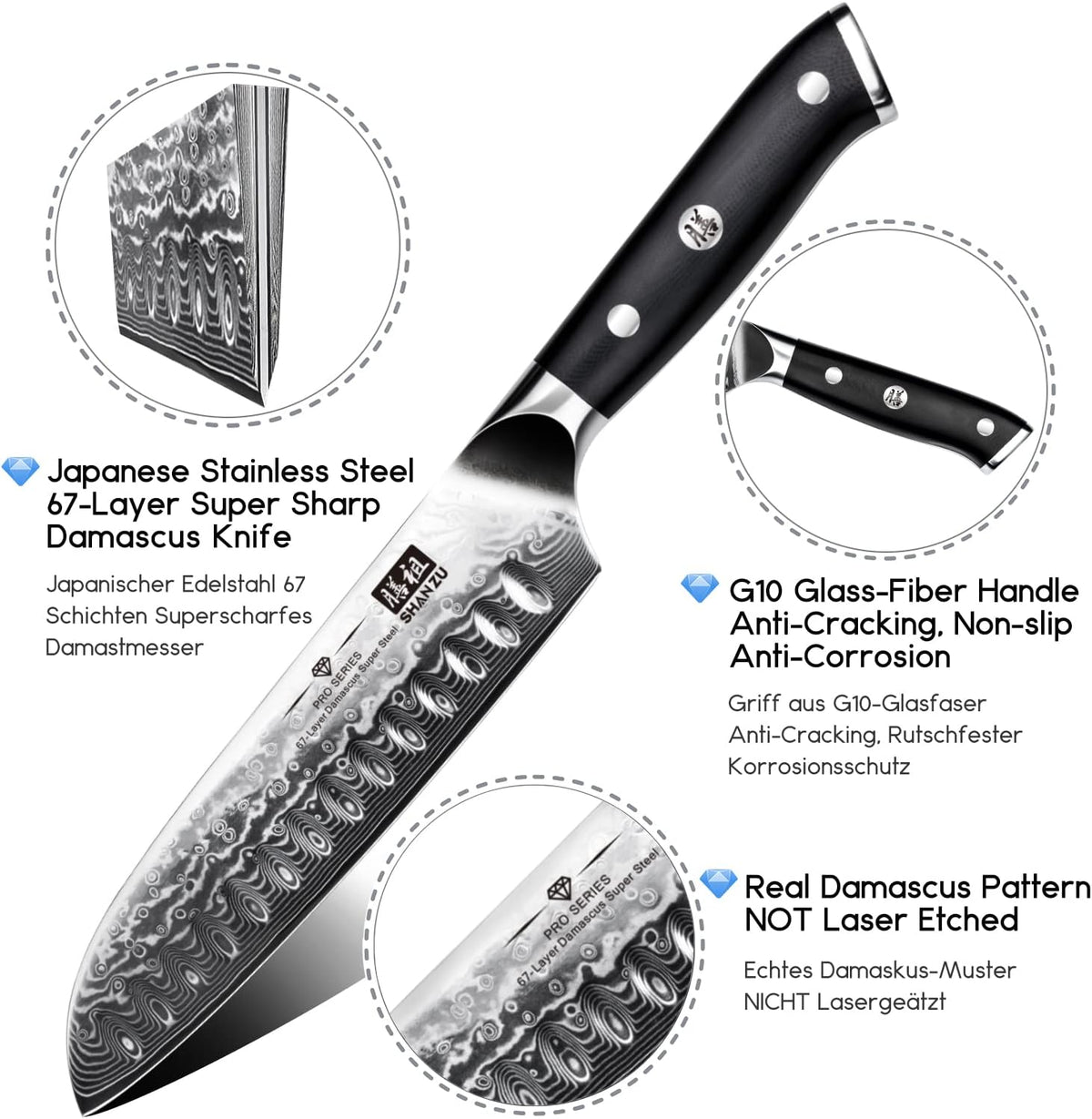 SHAN ZU Cuchillo de chef, Cuchillo de cocina Santoku de 7 pulgadas,...