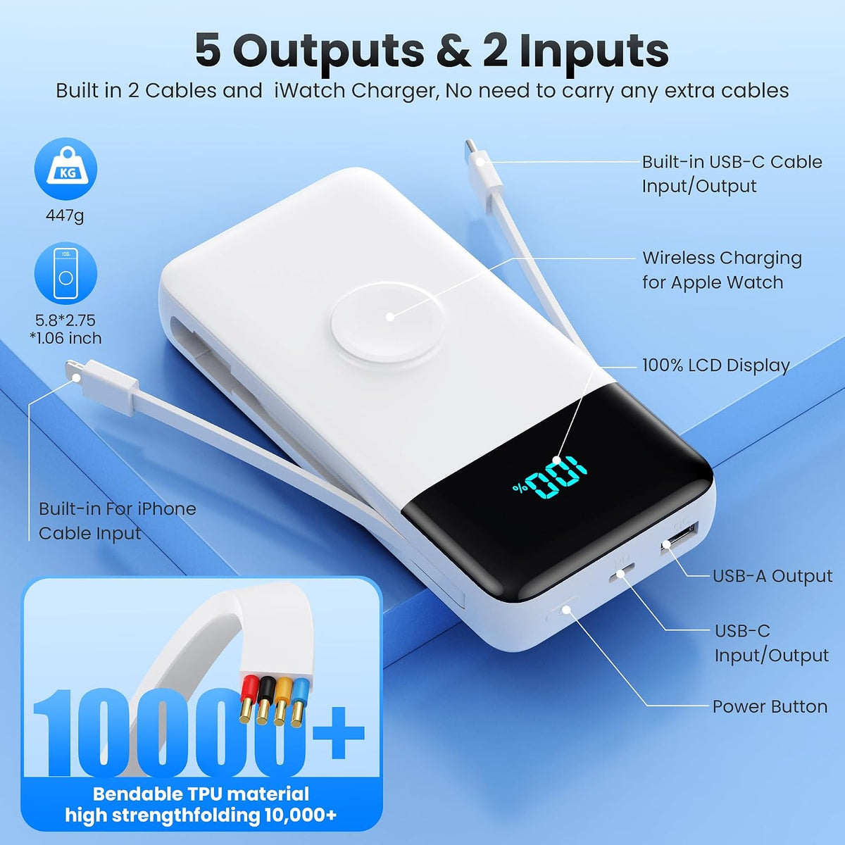Cargador portátil de 40800 mAh con cables integrados, batería portá...