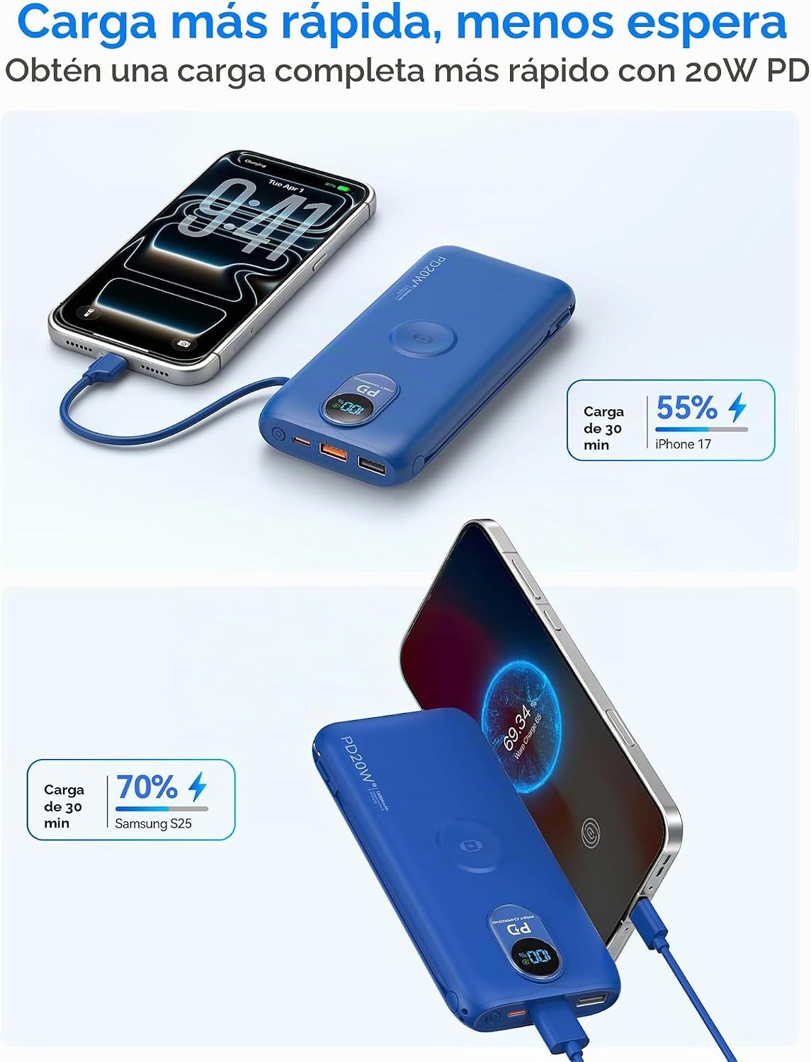 Cargador portátil Power Bank 10000mAh PD20W con cables incorporados...