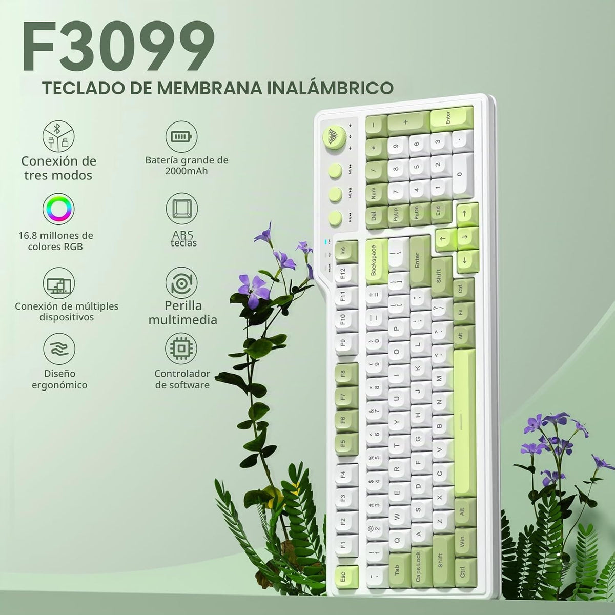 Teclado inalámbrico Aula F3099 con mando multimedia, teclado tri-mo...