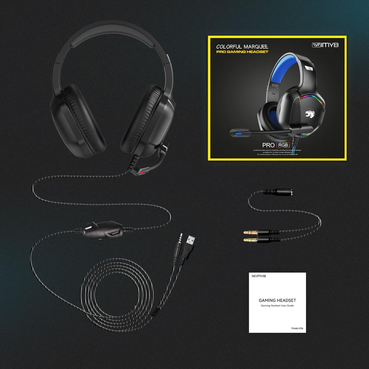 IMYB A36 Auriculares para juegos con micrófono estéreo para PC, PS5...