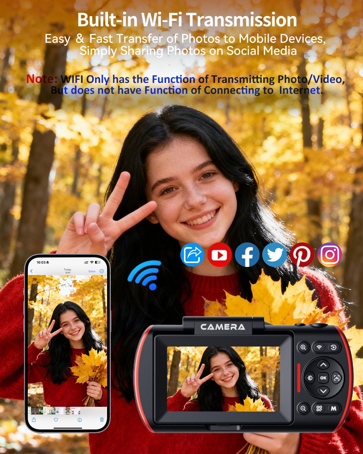 RAZPLYN Cámara digital 4K para fotografía WiFi 180° pantalla abatib...
