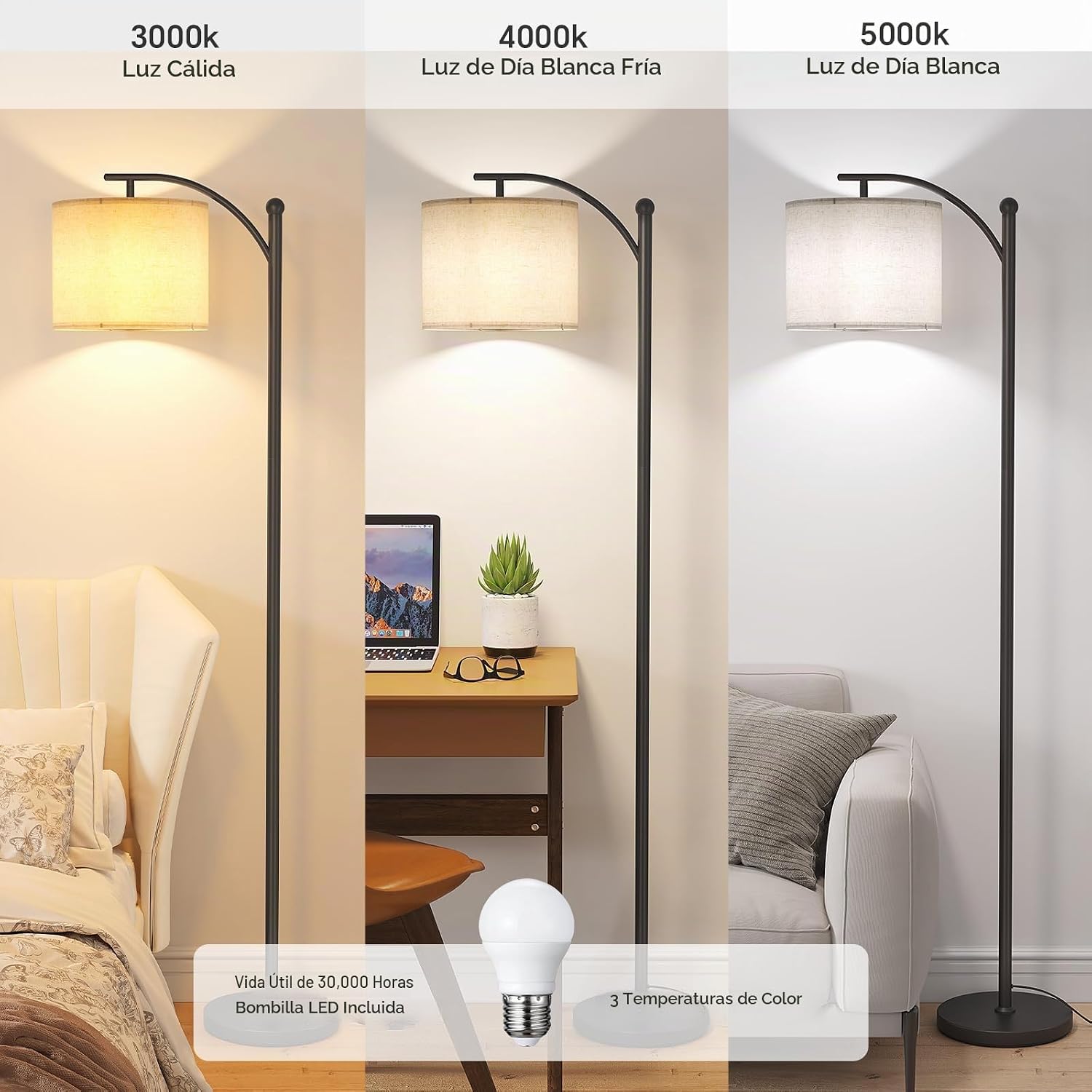 SUNMORY Lámpara de pie de arco, moderna lámpara de pie con bombilla...