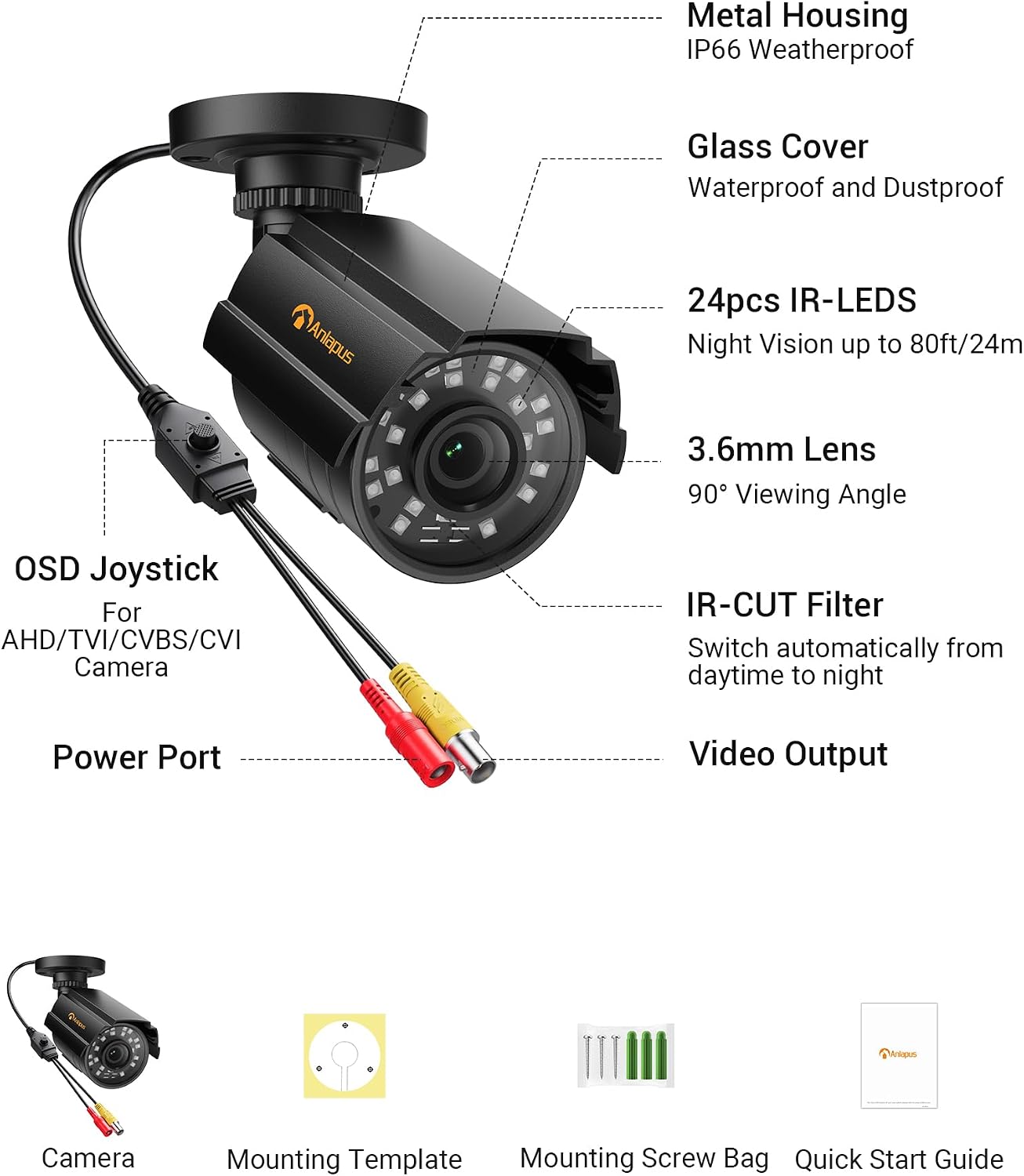 Anlapus Cámara de seguridad híbrida 4 en 1 de 1080P, HD TVI\/CVI\/A...