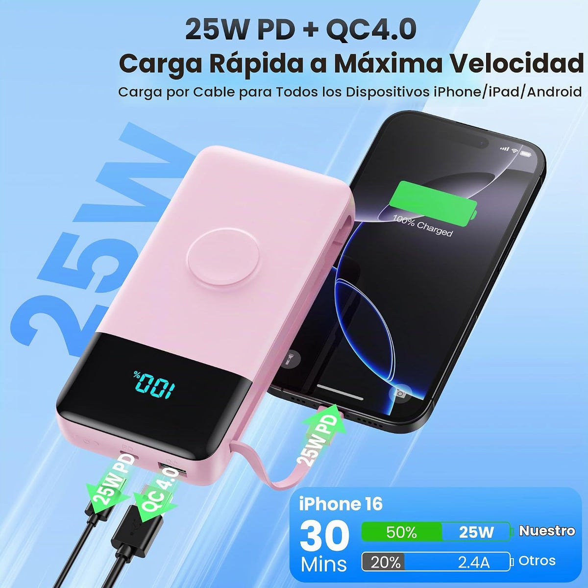 Cargador portátil de 40800 mAh con cables integrados, batería portá...