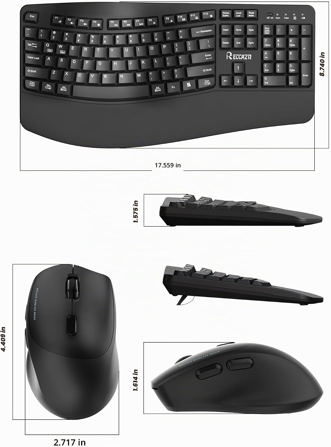 Combo de teclado y mouse inalámbricos, teclas onduladas de tamaño c...