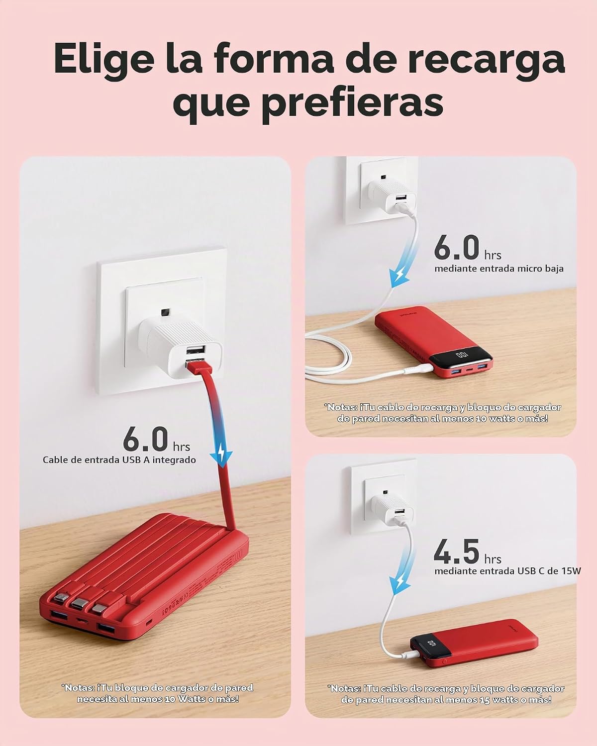 charmast Cargador portátil con cables incorporados x 4, cargador de...