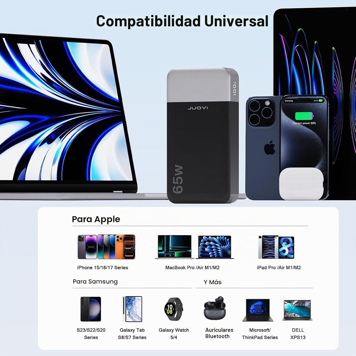 Cargador portátil para ordenador portátil JUOVI Power Bank 65W 2000...