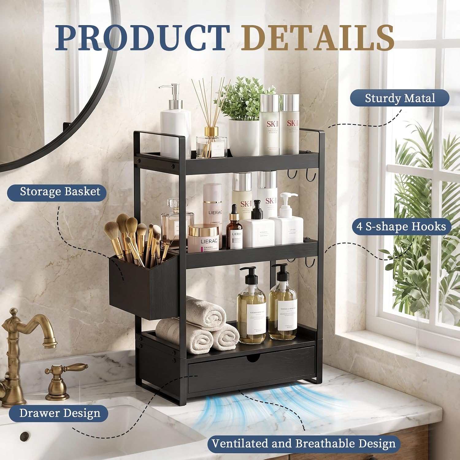 Organizador de encimera de baño de 3 niveles con cesta de cajón y g...