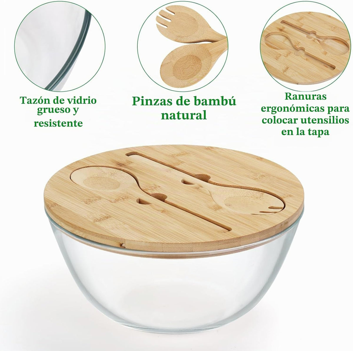 ShineMe Ensaladera de vidrio, cuenco mezclador de 4.7 Qt con tapa y...