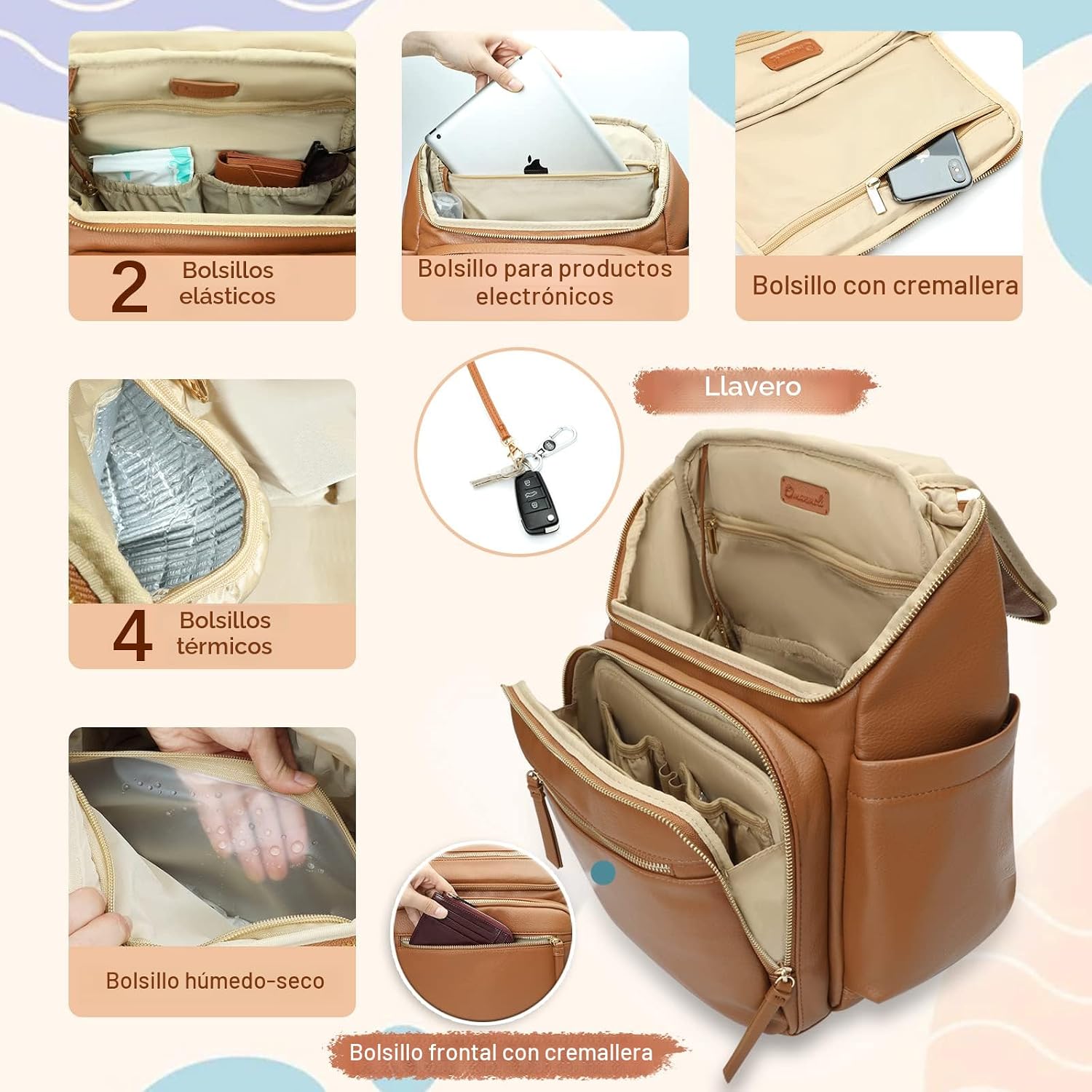 Omanmoli Mochila para Pañales Grande de Cuero para Bebé con 17 Bols...
