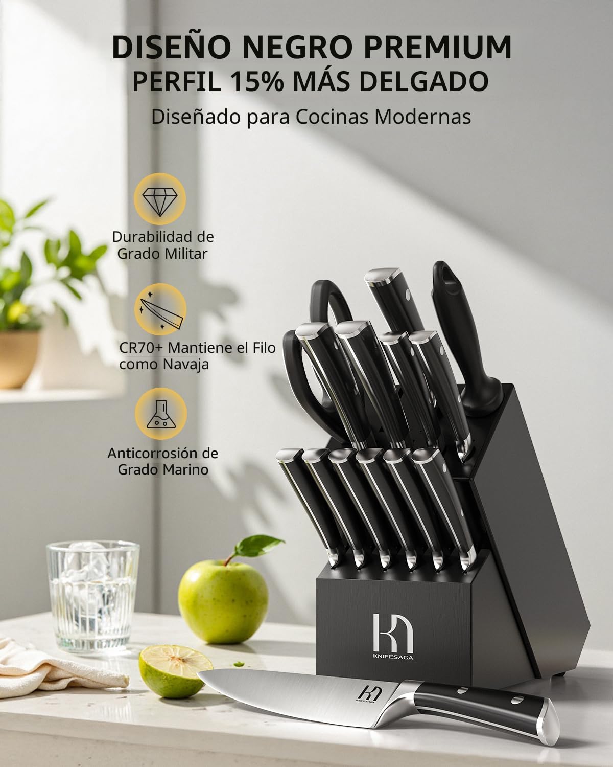 KnifeSaga - Juego de bloques de cuchillos de 15 piezas con afilador...