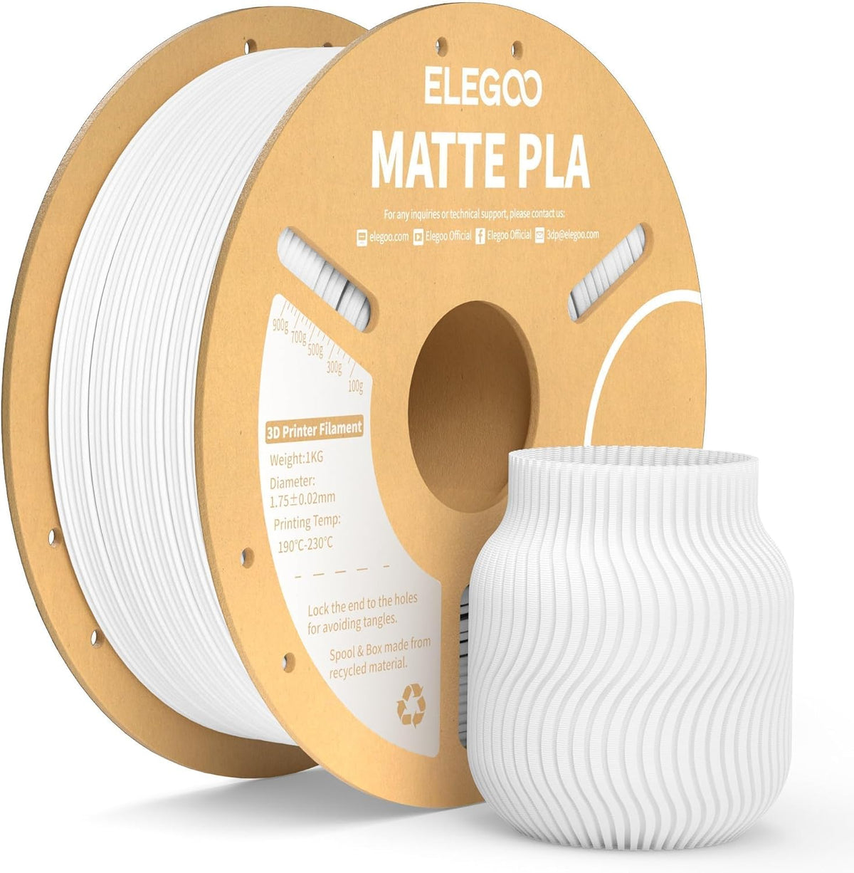 ELEGOO - Filamento PLA mate blanco mate 1KG, filamento para impreso...