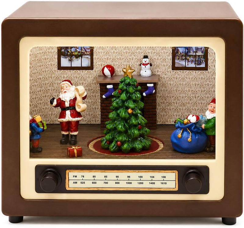 Moments in Time Radio retro con escena del hogar de Papá Noel, deco...