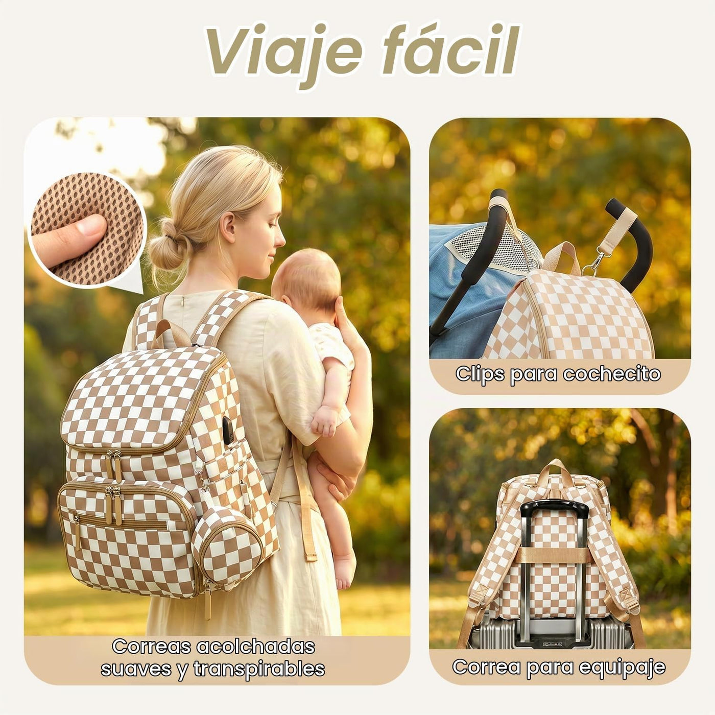 FHELAD Mochila de pañales a cuadros con cambiador y clips para coch...