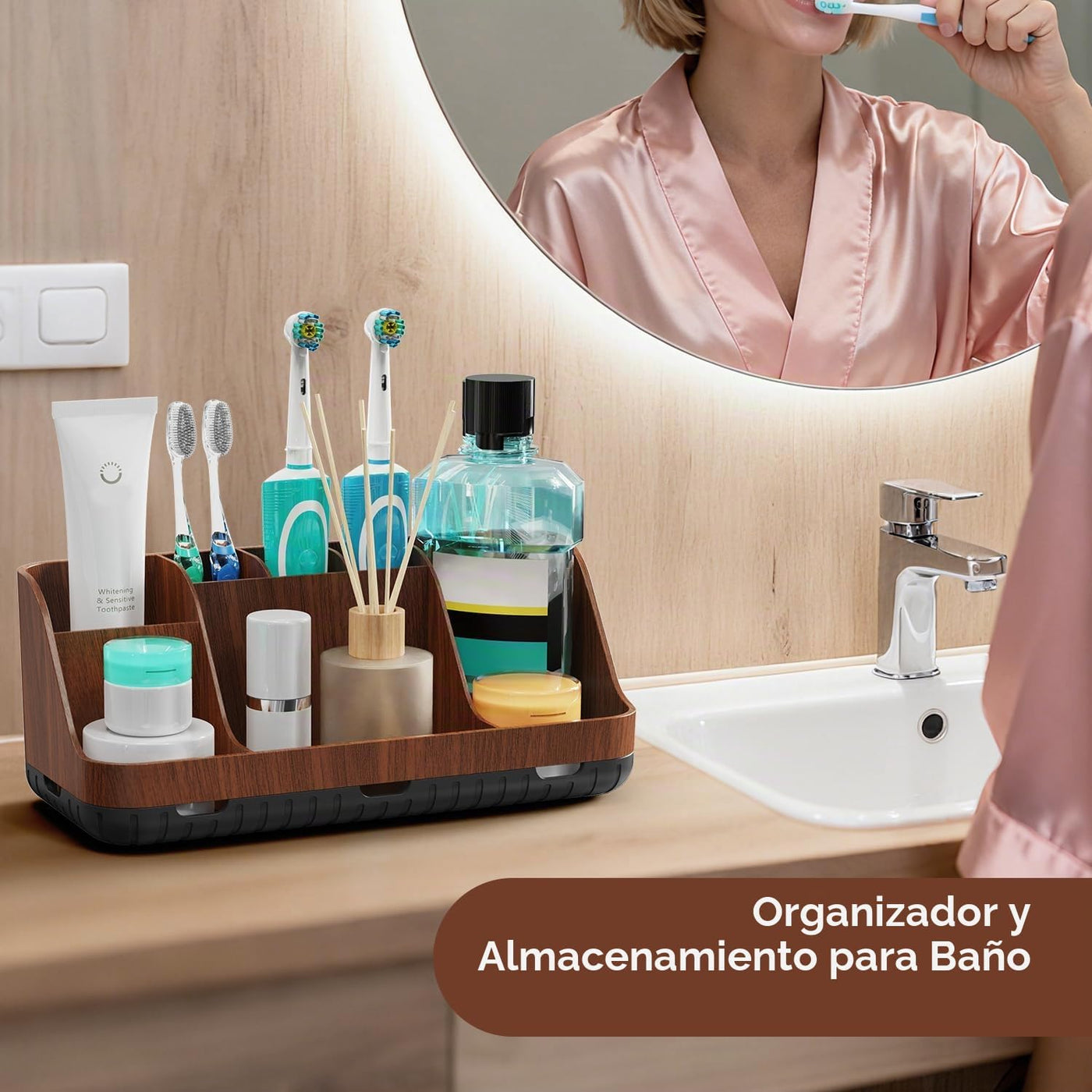 GFWARE Portacepillos de dientes de madera para baños, organizador d...