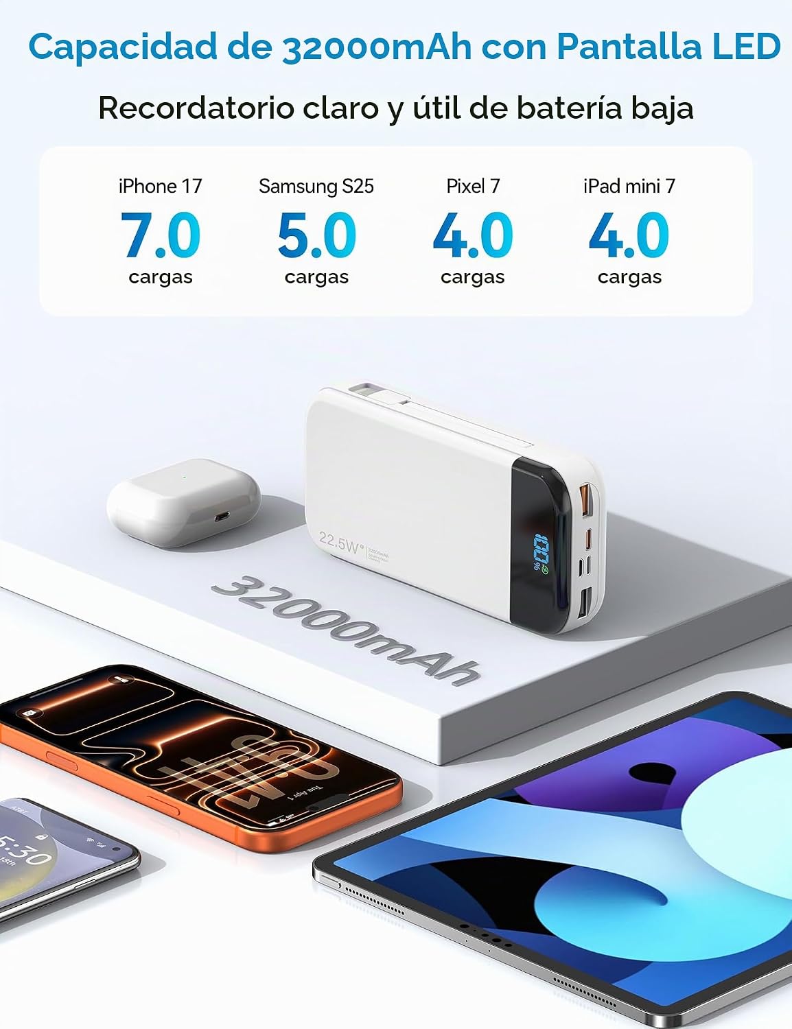 Banco de baterías para teléfono 32000 mAh 22,5 W con cables integra...