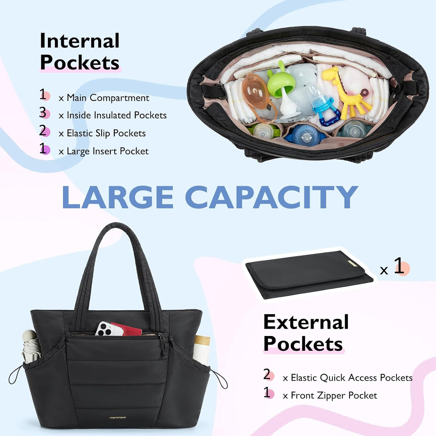 Mommore Bolso de pañales estilo tote con organizador de cochecito,...