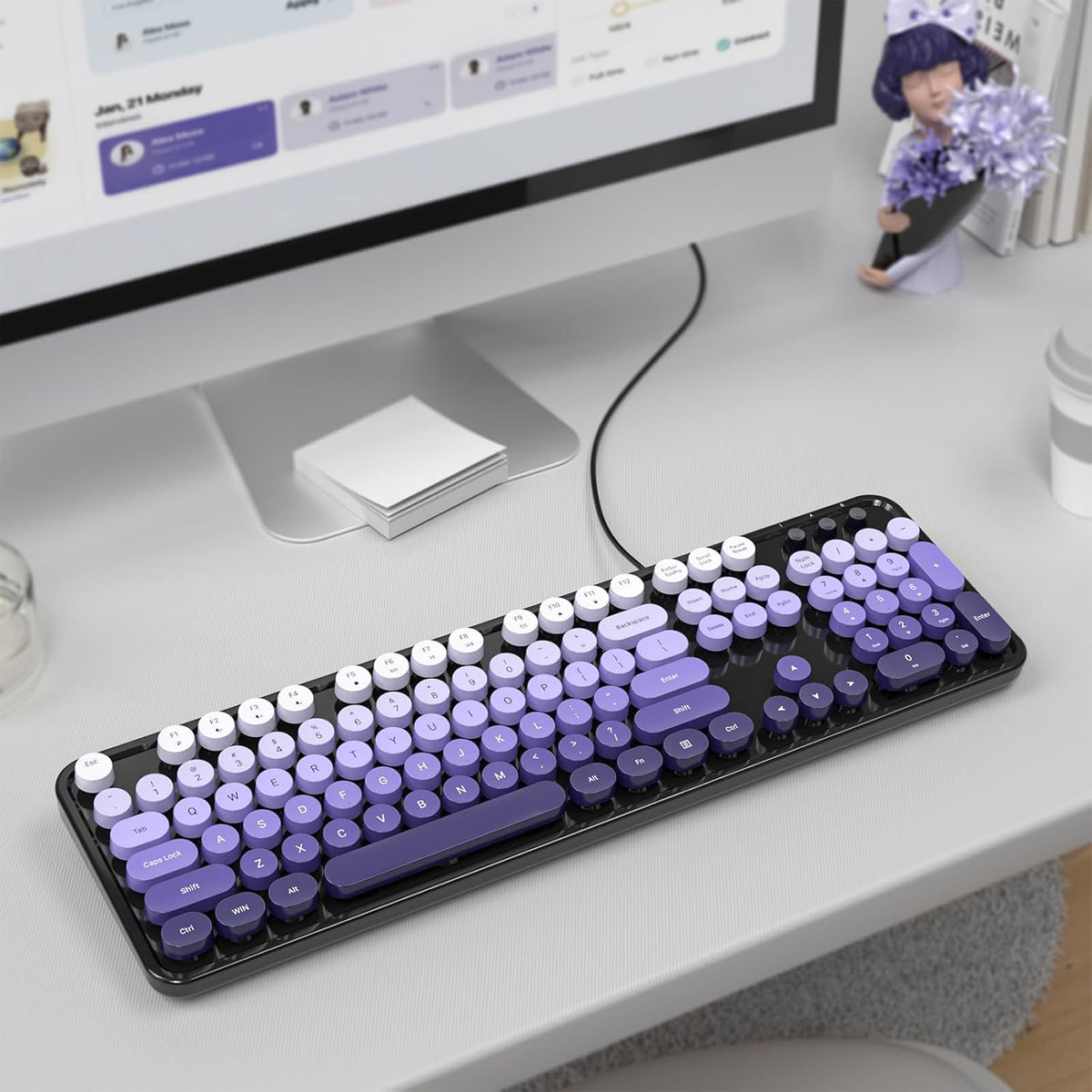MOWUX Teclado de computadora con cable, teclado USB redondo retro P...