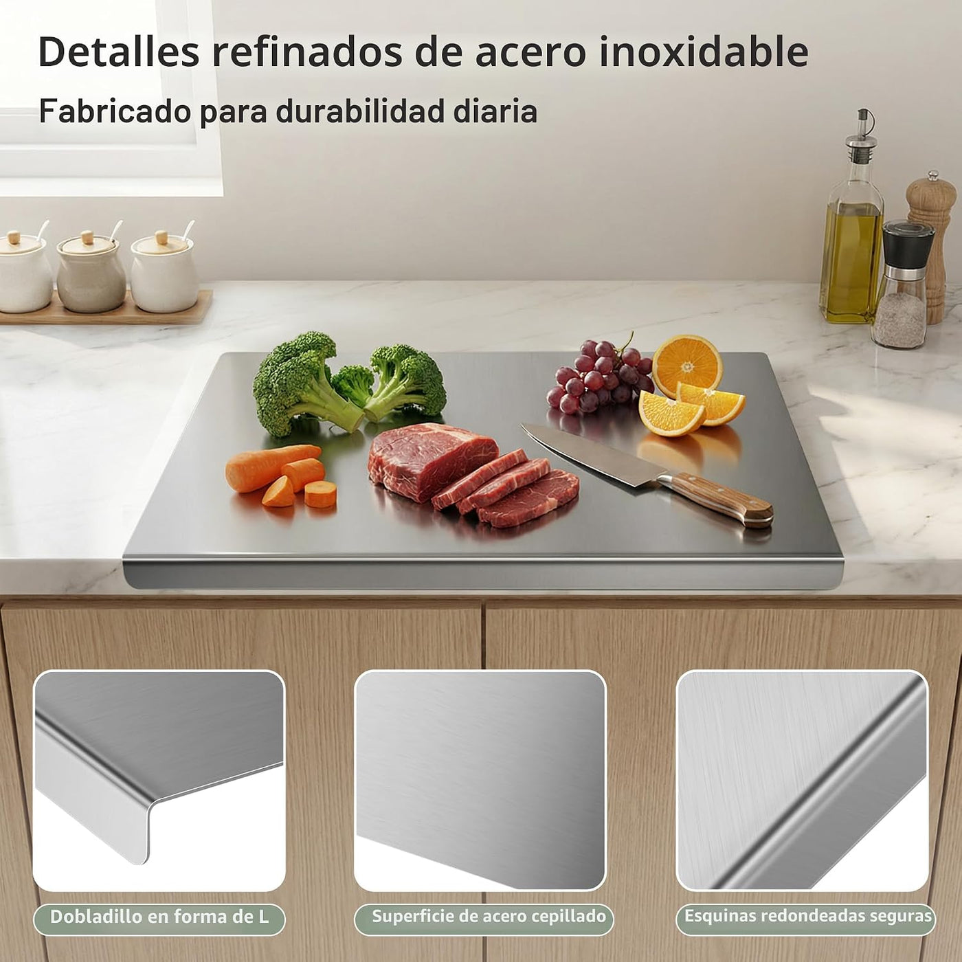 Tabla de cortar de acero inoxidable de 2 piezas con borde, tabla de...