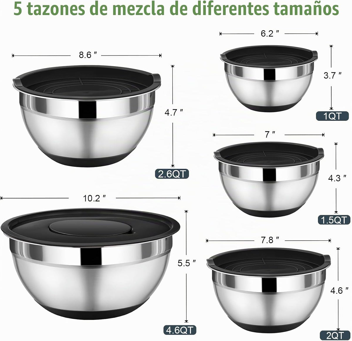 P&amp;P CHEF - Juego de cuencos de mezcla con tapa, 5 piezas de cue...