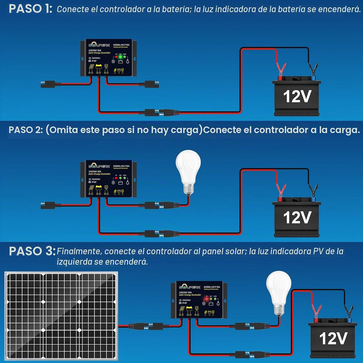 SOLPERK Kit de Panel Solar de 50W\/12V, Cargador de Goteo Mantenedo...