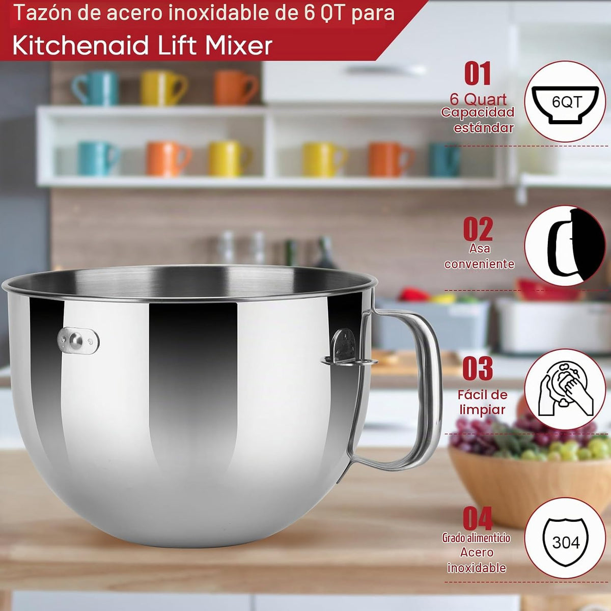 Cuenco elevador de acero inoxidable compatible con KitchenAid de 6...