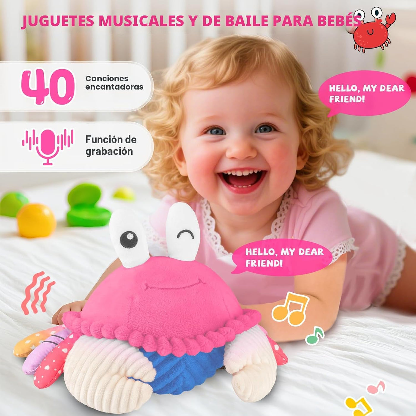 SAIMAND - Juguete de cangrejo rosa para gatear, regalo musical inte...